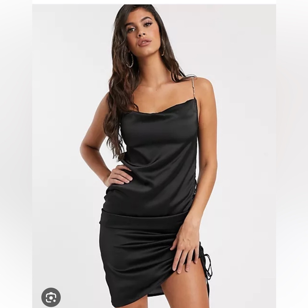 Misguided black satin scrunch on both sides dress diamond straps